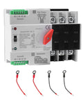 100 Amp 220V Automatic And Manual Transfer Switch 3 Pole Din Rail Mounted Dual Power ATS For Home And RV Solar Ready Auto Changeover Fast Transfer Lightweight Compact Design, front view with wiring leads