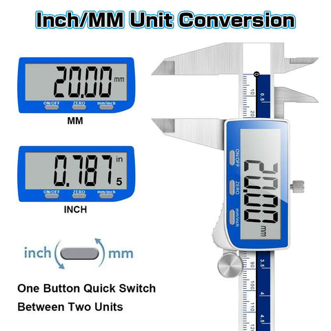 Ultra Accurate 0-6 Inch Digital Caliper With Extra Large LCD Screen IP54 Waterproof Stainless Steel Vernier Caliper, unit conversion view.