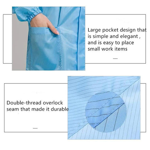 Detail of Straight Up ESD Anti Static Lab Coat With Long Sleeve For Men And Women showing large pocket and durable overlock seam.