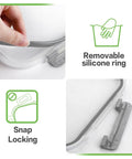 Close-up of locking mechanism and silicone ring on 24 Piece Borosilicate Glass Food Storage Set With Snap Locking Lids Airtight Meal Prep Containers For Quick Lunches Oven Safe Freezer Safe And Dishwasher Safe BPA Free Glass Storage Boxes For Kitchen Organization.