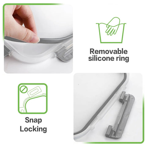 Close-up of locking mechanism and silicone ring on 24 Piece Borosilicate Glass Food Storage Set With Snap Locking Lids Airtight Meal Prep Containers For Quick Lunches Oven Safe Freezer Safe And Dishwasher Safe BPA Free Glass Storage Boxes For Kitchen Organization.