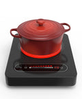 Red pot on 1800W Portable Electric Cooktop With Timer And Child Lock, 11 Inch Single Burner, Compact Countertop Stove