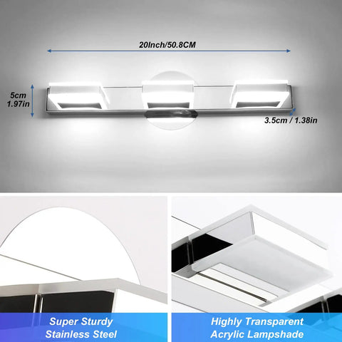 Led Bathroom Vanity Light Three Lights Chrome Wall Lamp IP44 20 Inch 12W Over Mirror Fixture Indoor Modern Cool White 6000K 1000LM Ultra Bright Vanity Lighting For Bathrooms And Hallways.