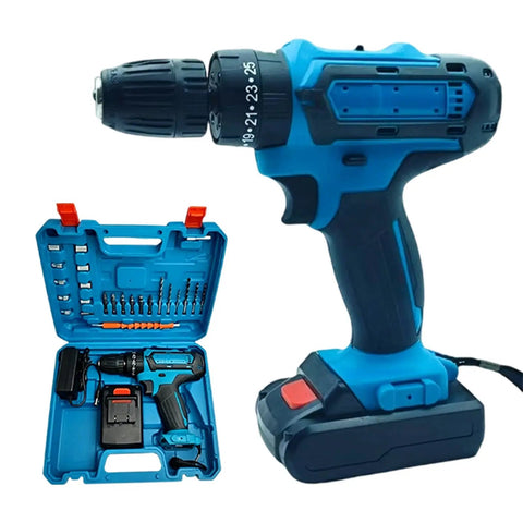 Rock Solid 21V Cordless Drill And Electric Screwdriver With Quick Lithium Battery for Wood Metal and Concrete, showing drill and tool kit.