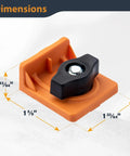 Slick T Track Stop Block Kit With Inline And Short Stops For Woodworking Table Saw Routing And Cnc Machines showing orange block dimensions 1 5/8" height, 1 33/64" width.