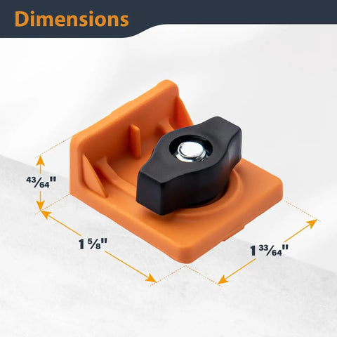 Slick T Track Stop Block Kit With Inline And Short Stops For Woodworking Table Saw Routing And Cnc Machines showing orange block dimensions 1 5/8" height, 1 33/64" width.
