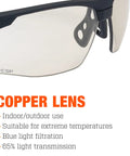 Tracker II Tactical Safety Glasses With Smoke Polycarbonate Lens and Copper Lens, suitable for indoor/outdoor use, close-up angle