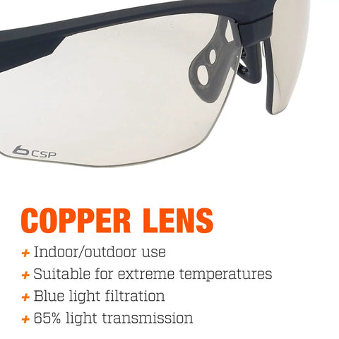 Tracker II Tactical Safety Glasses With Smoke Polycarbonate Lens and Copper Lens, suitable for indoor/outdoor use, close-up angle