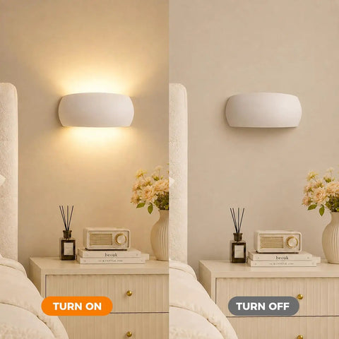 Ring Wall Sconce, Modern Minimalist LED Wall Light with PC Shade, shown turned on and off beside a nightstand decor.