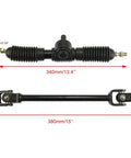 320mm Steering Gear Rack Pinion Kit With 390mm Adjustable Shaft And 245mm Tie Rods For 110cc 125cc 150cc Go Kart Buggy UTV Black Heavy Duty Steel Kit For Rigid Smooth Steering Performance front view with measurements