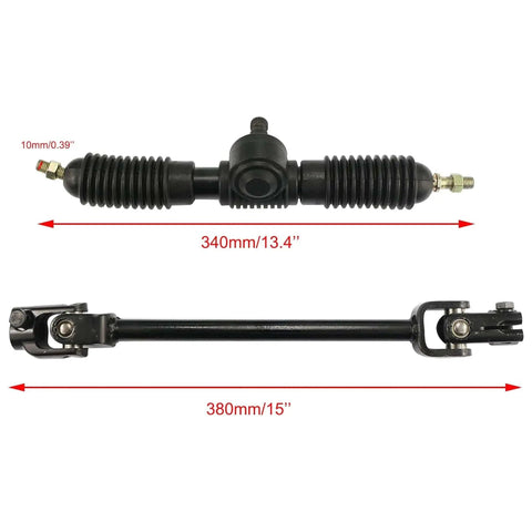 320mm Steering Gear Rack Pinion Kit With 390mm Adjustable Shaft And 245mm Tie Rods For 110cc 125cc 150cc Go Kart Buggy UTV Black Heavy Duty Steel Kit For Rigid Smooth Steering Performance front view with measurements