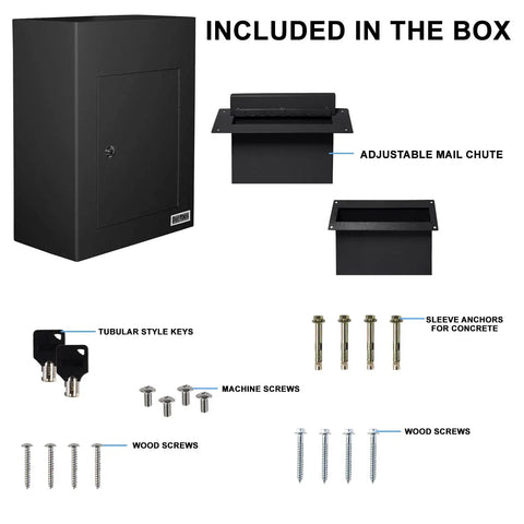 Included items for Through-The-Wall Drop Box Deposit Safe With Lock, Built-To-Last Beefy Heavy-Duty Steel Mailbox, keys, screws, chute.