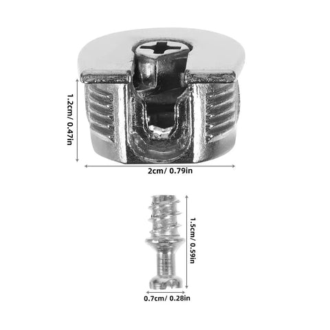 Dimensions of the Cam Lock Pins Kit 10 Pcs Furniture Connecting Brackets for Cabinets and Wardrobes, Two-Piece Cam And Threaded Pin System