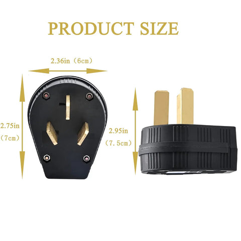 Heavy Duty Nema 10-50P Plug For Electric Dryer And Range 50 Amp 125 250 Volt showing size dimensions of 2.36in x 2.75in x 2.95in.