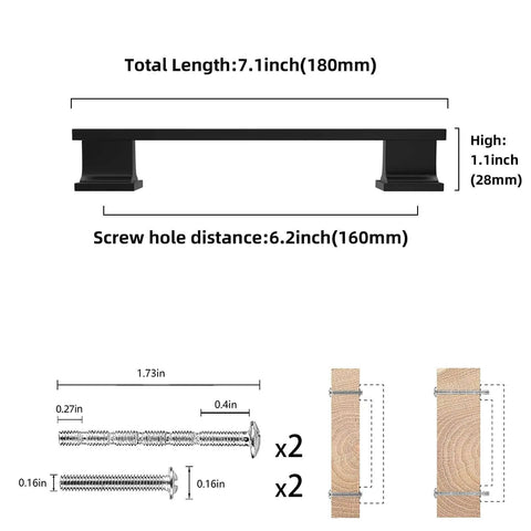 2 Pack Slick Matte Black Cabinet Handles 6-1/4 Inch 160mm Long Kitchen Cupboard Drawer Pulls dimensions and hardware diagram