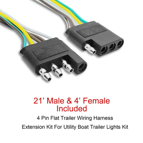 Close-up of 4 Pin Flat Trailer Wiring Harness connectors from Heavy Duty 25 Foot 4 Pin Flat Trailer Wire Extension Kit With 18 AWG Color Coded Wishbone Harness For Rv Camper Setup Plug And Play No Sweat Trailering Gear That Lasts Forever.