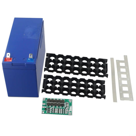 Heavy Duty DIY Lithium Battery Case For 12 Volt Projects With Nickel Straps And 3X7 Cell Slots Top Shelf Abs Housing with components.