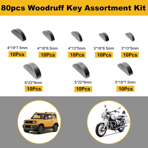 Front view of 80pc Woodruff key assortment kit; carbon steel, black finish; half-moon keys for flywheel and pulley