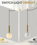Mid Century Modern Large Gold Globe Pendant Light Plug In With Brushed Brass Finish And White Glass Minimalist Sphere Hanging Lamp Easy Cord Plug In Setup Fourteen Point Seven Six Foot Cord For Flexible Height And Room Essentials in on and off display
