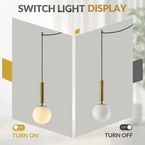 Mid Century Modern Large Gold Globe Pendant Light Plug In With Brushed Brass Finish And White Glass Minimalist Sphere Hanging Lamp Easy Cord Plug In Setup Fourteen Point Seven Six Foot Cord For Flexible Height And Room Essentials in on and off display