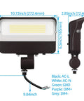 Dimensions of 3CCT 100W Knuckle Mount LED Flood Light With 13,000LM, Outdoor Security Flood Light, shown from front and side angles.