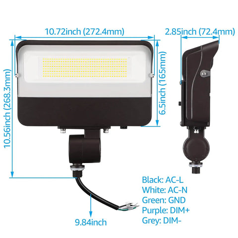 Dimensions of 3CCT 100W Knuckle Mount LED Flood Light With 13,000LM, Outdoor Security Flood Light, shown from front and side angles.