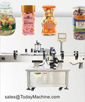 Automatic Round Surface Labeling Machine For Bottles And Cans with jars of candy and pet snacks in a production setting.