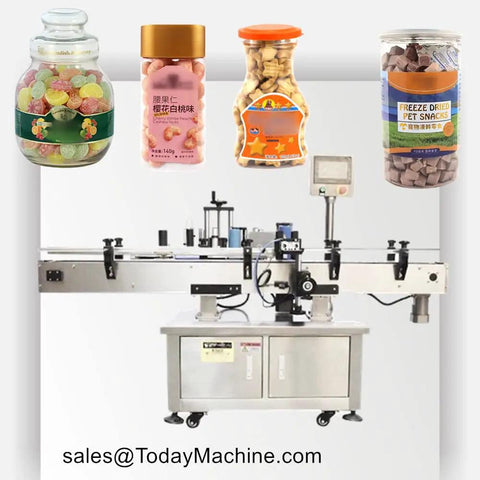 Automatic Round Surface Labeling Machine For Bottles And Cans with jars of candy and pet snacks in a production setting.