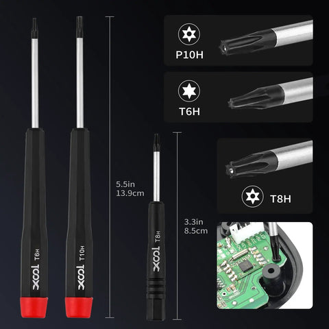 17 In 1 Gamebit And Tri Wing Screwdriver Repair Kit showing P10H, T6H, T8H drivers with sizes, used for Nintendo, Xbox, PlayStation repair.