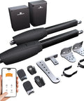 Rock Solid Dual Automatic Swing Gate Opener For Driveways Up To 20 Foot Span And Nine Hundred Fifty Pound Load Heavy Duty Electric Motor With Remote Complete Kit All Season Weather Ready Smart App Control, includes actuators and hardware.