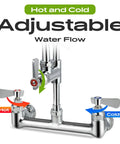 Commercial Wall Mount Kitchen Sink Faucet With High Pressure Pre Rinse Sprayer And Add On Swing Spout 8 Inch Adjustable Centers showing hot and cold water controls.
