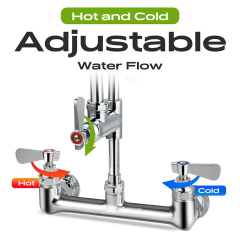 Commercial Wall Mount Kitchen Sink Faucet With High Pressure Pre Rinse Sprayer And Add On Swing Spout 8 Inch Adjustable Centers showing hot and cold water controls.