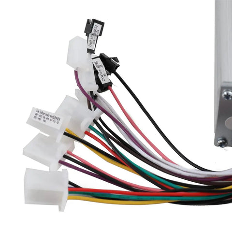 Close-up of connectors on the Beefy 48V-72V 2000W Brushless Motor Controller For Electric Bicycles And Scooters, Drop-In Replacement.