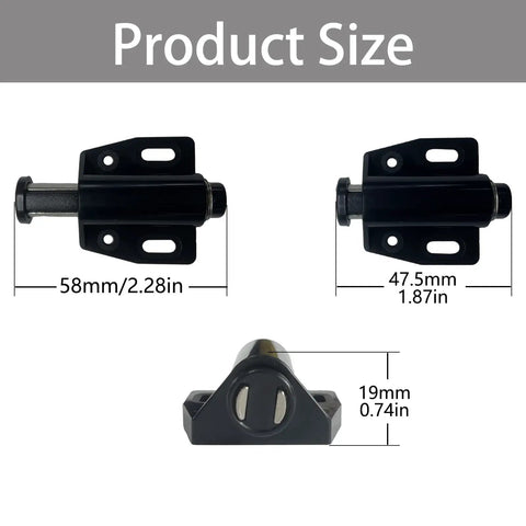 Dimensions of 4 Pack Black Magnetic Touch Latch Set for cabinets doors drawers closets with 58mm, 47.5mm, and 19mm sizes