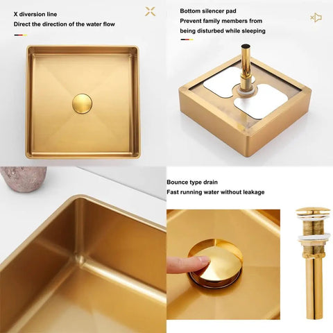 Square Stainless Steel Vessel Sink T304 Bathroom Wash Basin Counter Mount With Pop Up Drain Brushed Nano Finish, top view with drain detail.