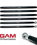 Heavy Duty Radius Arms Kit For X3 XRS XRC XMR 72 Inch Upper And Lower Turret Arms 6061 Aluminum 1040 Carbon Spacers Black Anodized Finish Improved Rigidity Over OEM Made In USA. Six black radius arms with heim joints
