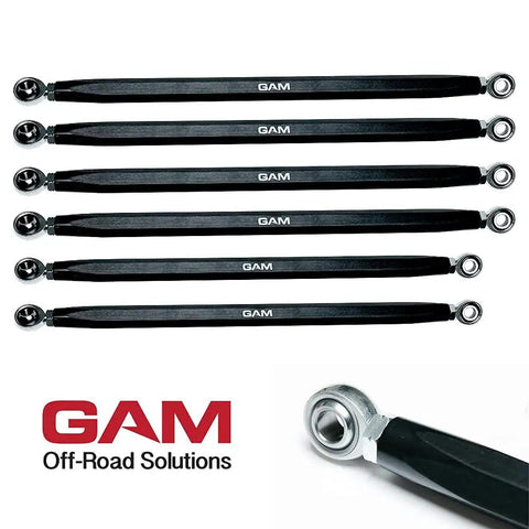 Heavy Duty Radius Arms Kit For X3 XRS XRC XMR 72 Inch Upper And Lower Turret Arms 6061 Aluminum 1040 Carbon Spacers Black Anodized Finish Improved Rigidity Over OEM Made In USA. Six black radius arms with heim joints
