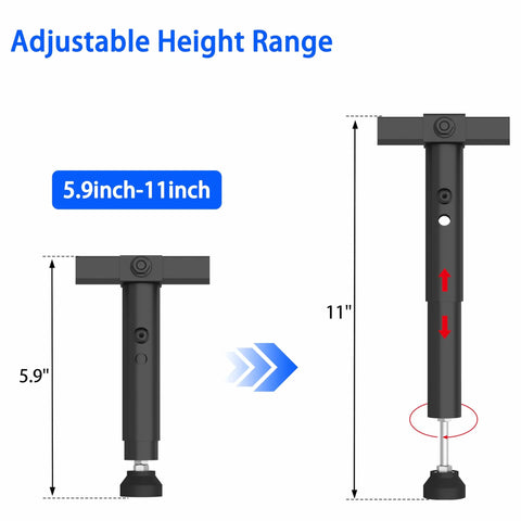 Beefy Adjustable Bed Frame Center Support With Reinforcing Steel Slat Bar Universal Fit For Full Queen King Cal King Mattress Base showing adjustable height range from 5.9 to 11 inches.