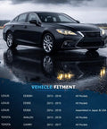 Lexus sedan on wet pavement with vehicle fitment chart for Brake Kit For 2012 Through 2017 Toyota Camry And 2013 Through 2018 Lexus ES350 ES300h Avalon Front And Rear Drilled And Slotted Rotors With Ceramic Brake Pads For Beefed Up Stopping Power.