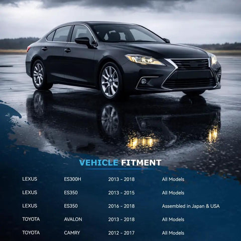 Lexus sedan on wet pavement with vehicle fitment chart for Brake Kit For 2012 Through 2017 Toyota Camry And 2013 Through 2018 Lexus ES350 ES300h Avalon Front And Rear Drilled And Slotted Rotors With Ceramic Brake Pads For Beefed Up Stopping Power.