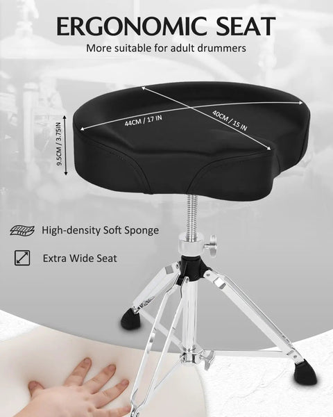 Ergonomic Saddle Drum Throne Seat With Swivel Adjustable Padded Drum Stool Heavy Duty Motorcycle Style Widened Drum Chair