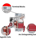 Detailed view of Heavy Duty Circuit Breaker with Killer Overload Protection and Rapid Short Circuit Cutoff components, including terminal blocks and magnetic coils.