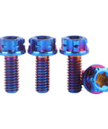 Set Of 4 Titanium Torx Head Flange Bolts M4 10mm 15mm 20mm Burnt Blue For Motorcycle And Bicycle Ultra Lightweight High Strength Hardware Built For Street Ready Rides And Secure Fit. Image shows the bolts from the side and top view, highlighting their burnt blue color and Torx head design.