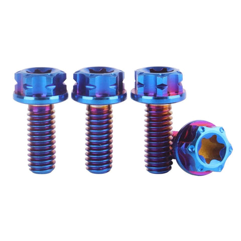 Set Of 4 Titanium Torx Head Flange Bolts M4 10mm 15mm 20mm Burnt Blue For Motorcycle And Bicycle Ultra Lightweight High Strength Hardware Built For Street Ready Rides And Secure Fit. Image shows the bolts from the side and top view, highlighting their burnt blue color and Torx head design.