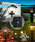 Dusk To Dawn Sensor For Outdoor Lights 120V Photoelectric Switch with UL Listed logo, shown in different lamp settings.