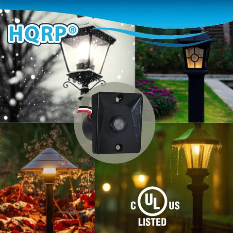 Dusk To Dawn Sensor For Outdoor Lights 120V Photoelectric Switch with UL Listed logo, shown in different lamp settings.