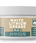 Front view of jar labeled as White Lithium Based Grease For Garage Door Tracks, Hinges And Sliding Mechanisms, Bearings And Gears Lubricant For Automotive, Marine, Industrial And Household Use, Heavy Duty EP Performance, NLGI Grade 2, 5 Oz.