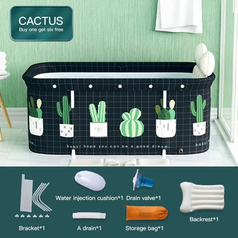Foldable Portable Bathtub for Home Spa Use Easy Setup in Minutes No Pump Needed Large Capacity Soaking Tub for Shower Stall Keeps Water Temperature Great for Hot or Ice Baths 47.2 by 19.7 by 21.7 Inches Cactus with accessories displayed