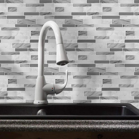 Gray thicker design peel and stick tile backsplash above kitchen sink, self adhesive, 12x12 inch, 10 sheets, durable 2-2.5mm
