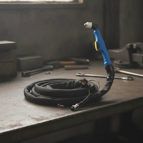 Pro Grade Air Electric Discharge Severing Torch Kit For Slick Steel Cutting, featuring blue grip handle and coiled hose.